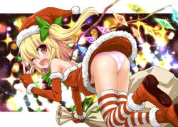 Rule 34 | 1girl, ass, bad id, bad twitter id, blonde hair, blush, boots, crotch seam, dress, fang, fingerless gloves, flandre scarlet, flower, gin&#039;you haru, gloves, hat, inactive account, looking at viewer, looking back, one eye closed, open mouth, panties, pink panties, red dress, red eyes, red footwear, red gloves, sack, santa costume, santa hat, short dress, short hair, side ponytail, simple background, solo, striped clothes, striped thighhighs, thighhighs, touhou, underwear, v, white panties, wings