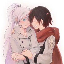 Rule 34 | 2girls, black hair, blue eyes, blush, cape, closed eyes, face-to-face, hand on another&#039;s arm, hand on another&#039;s shoulder, hood, long hair, multiple girls, nagasawa (tthnhk), ponytail, ruby rose, rwby, short hair, simple background, weiss schnee, white hair, yuri