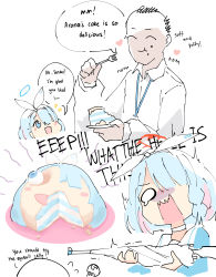 Rule 34 | 1girl, absurdres, angry, doodle sensei (blue archive), arona (blue archive), blue archive, blue eyes, blue hair, cake, english text, food, hair over one eye, halo, highres, lanyard, lyrinne, multicolored hair, sensei (blue archive), short hair, simple background, umbrella, white background