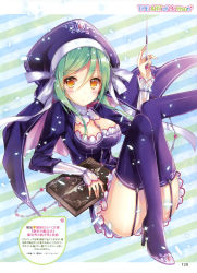 Rule 34 | 1girl, :o, absurdres, book, breasts, chain, character request, cleavage, cover image, dress, full body, garter straps, ginshi no mahoushiki, green hair, grimoire, hat, high heels, highres, knees together feet apart, knees up, legs, legs up, long sleeves, looking at viewer, mottsun, orange eyes, parted lips, purple thighhighs, simple background, solo, sparkle, striped, striped background, thighhighs, thighs, wand