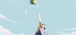 Rule 34 | 1girl, arm up, bouquet, brown hair, closed mouth, cloud, flower, highres, long hair, original, scenery, shirt, sky, smile, solo, taizo (taizo 03), throwing, upper body, white shirt