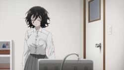 Rule 34 | 1girl, animated, anime screenshot, armpits, arms up, asai akira, bath, bathroom, bed, bed sheet, black eyes, black hair, bouncing breasts, breasts, brushing teeth, camisole, cleavage, closed eyes, collarbone, completely nude, feet, glass, grey skirt, hair between eyes, highres, large breasts, long sleeves, lying, necktie, unworn necktie, nude, on bed, open mouth, orange shorts, panties, panty pull, pleated skirt, pulling own clothes, red necktie, reflection, school uniform, screencap, shirt, short hair, shorts, skirt, unworn skirt, sound, teeth, thighs, toothbrush, underwear, undressing, video, wet, white panties, white shirt, yellow camisole, yofukashi no uta