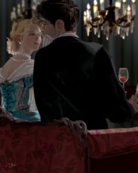 Rule 34 | 1boy, 1girl, alcohol, artist name, black jacket, blonde hair, blue dress, blue eyes, brown hair, chandelier, commentary request, cup, danart14020, dress, drinking glass, erina pendleton, handkerchief, hetero, highres, holding, holding handkerchief, indoors, jacket, jewelry, jojo no kimyou na bouken, jonathan joestar, long hair, long sleeves, looking at another, necklace, pearl necklace, phantom blood, realistic, red wine, shirt, short hair, sitting, wine, wine glass, wiping face