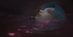 Rule 34 | 1girl, arcane: league of legends, arcane jinx, head, in water, jinx (league of legends), league of legends, long hair, looking up, parted lips, pink eyes, reflection, solo, solraka, teeth, water
