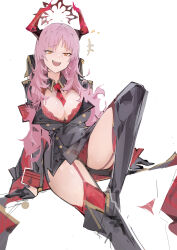 Rule 34 | 1girl, absurdres, between breasts, black gloves, blue archive, bra, breasts, demon horns, gloves, highres, horns, jumbowhopper, large breasts, laughing, long hair, military, military uniform, mole, mole on breast, necktie, open mouth, panties, pantyshot, pink hair, red necktie, satsuki (blue archive), sitting, thighhighs, underwear, uniform, white background