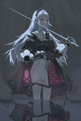 Rule 34 | 1girl, absurdres, ammunition belt, arknights, black dress, black gloves, blush, commentary, cowboy shot, dress, earrings, gloves, grey background, grey eyes, grey hair, gun, handgun, head wings, highres, holding, holding lantern, holding sword, holding weapon, holstered, irene (arknights), jewelry, lantern, long hair, long sleeves, looking at viewer, multicolored clothes, multicolored dress, muyang (user egty3352), pink dress, rapier, red pupils, reflection, reflective water, scabbard, scar, scar across eye, sheath, simple background, solo, standing, sword, unsheathed, wading, water, weapon, white dress, wings
