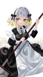 Rule 34 | 1girl, 447 records, alternate costume, apron, black bow, black dress, blonde hair, blush, bow, bowtie, closed mouth, commission, dress, enmaided, gradient hair, grey hair, hair bow, hairband, highres, holding, holding mop, long sleeves, looking at viewer, luicent, maid, maid apron, mop, multicolored hair, sanpaku, skeb commission, solo, virtual youtuber, white apron, white bow, white bowtie, yellow eyes, yuzuha (yuzuha virtual)