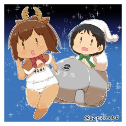 Rule 34 | 10s, 2girls, animal costume, antlers, black hair, blush, brown hair, capelet, capriccyo, chibi, christmas, fur trim, hat, horns, i-401 (kancolle), kantai collection, looking at viewer, maru-yu (kancolle), multiple girls, one-piece swimsuit, open mouth, reindeer antlers, reindeer costume, running, sack, santa costume, santa hat, school swimsuit, short hair, sleigh, smile, swimsuit, white one-piece swimsuit, white school swimsuit