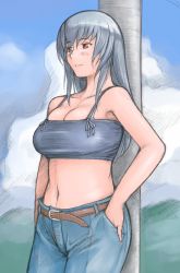 Rule 34 | 00s, 1girl, belt, breasts, camisole, casual, denim, jeans, large breasts, midriff, aged up, pants, rozen maiden, silver hair, smile, solo, suigintou, tsuda nanafushi