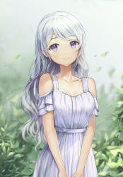 Rule 34 | 1girl, blurry, blurry background, closed mouth, clothing cutout, collarbone, commentary request, day, depth of field, dress, highres, falling leaves, long hair, looking at viewer, lunacle, original, outdoors, purple eyes, shoulder cutout, silver hair, smile, solo, upper body, v arms, very long hair, white dress