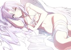 Rule 34 | 1girl, angel wings, blush, bottomless, closed mouth, hand in own hair, long hair, looking at viewer, lying, navel, nipples, on side, original, parted bangs, pink eyes, pink hair, solo, string bra, very long hair, wata (attaka towel), wavy mouth, white background, wings