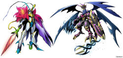 Rule 34 | 2boys, arm cannon, armor, aura, bandai, blonde hair, bloomlordmon, blue eyes, border, copyright name, digimon, digimon (creature), dragon, dragon wings, energy, glowing, glowing eyes, highres, holding, holding weapon, horns, lance, multiple boys, multiple wings, official art, polearm, regulusmon, sharp teeth, shield, simple background, solo, standing, sword, tail, teeth, weapon, white background, wings, yellow eyes
