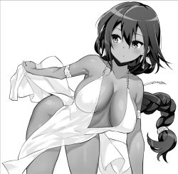 Rule 34 | 1girl, armlet, azur lane, backless outfit, bare shoulders, black hair, blush, braid, breasts, breasts apart, clothes lift, collarbone, dark-skinned female, dark skin, dress, dress lift, earrings, floating hair, greyscale, hair between eyes, hori (hori no su), jewelry, large breasts, leaning forward, lifted by self, long hair, monochrome, native american, no bra, no panties, revealing clothes, simple background, solo, south dakota (azur lane), south dakota (solo concert) (azur lane), very long hair, white background, white dress
