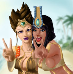 Rule 34 | 2girls, beach, black hair, blue eyes, bras, breasts, brown hair, cleavage, egypt, egyptian, female focus, game, gold, jewelry, lips, lipstick, makeup, moba, multiple girls, nature, neith, open mouth, outdoors, plant, purple eyes, purple lips, red lips, serqet, sky, smile, smite, tattoo, thick lips, upper body