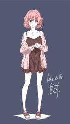 Rule 34 | 1girl, blue background, character request, collarbone, commentary, copyright request, dated, highres, nii manabu, off shoulder, pigeon-toed, short hair, smile, solo, spaghetti strap, split mouth