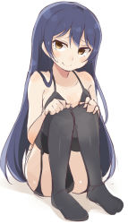 Rule 34 | 1girl, bad id, bad pixiv id, black bra, black panties, black thighhighs, blue hair, blush, bra, closed mouth, commentary request, embarrassed, garter straps, hair between eyes, long hair, looking at viewer, love live!, love live! school idol project, panties, simple background, sitting, solo, sonoda umi, thighhighs, totoki86, underwear, underwear only, white background