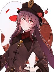 Rule 34 | 1girl, absurdres, black hat, boo tao (genshin impact), brown hair, chinese clothes, collared shirt, flower, genshin impact, ghost, hand on own hip, hat, hat flower, highres, hu tao (genshin impact), jewelry, long hair, long sleeves, looking at viewer, mbahsepti, multiple rings, nail polish, orange eyes, qingdai guanmao, red flower, ring, shirt, smile, solo, star-shaped pupils, star (symbol), symbol-shaped pupils, twintails, upper body, very long hair