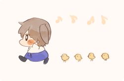 Rule 34 | 10s, 1girl, bird, blush, brown hair, chibi, chick, ina (1813576), japanese clothes, jitome, kaga (kancolle), kantai collection, long hair, musical note, quaver, side ponytail, simple background, solo, walking, aged down