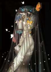 Rule 34 | 1girl, bandaged arm, bandages, bare shoulders, black background, braid, bug, butterfly, butterfly on head, corset, covered eyes, dated, from side, insect, long hair, original, profile, sarnath, see-through, solo, star (symbol), thorns, upper body, veil, white hair, wreath