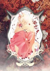 Rule 34 | 1girl, animal ears, barefoot, blonde hair, breasts, cat ears, cat tail, dress, closed eyes, flower, from above, hands up, large breasts, lying, medium hair, on side, original, parted lips, red dress, red flower, red rose, rose, ryota-h, sharp toenails, skeleton, skull, solo, sword, tagme, tail, toenails, weapon