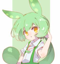 Rule 34 | 1girl, brooch, collared shirt, commentary request, green hair, green suspenders, hair between eyes, hand up, highres, jewelry, looking at viewer, parted lips, shirt, solo, upper body, utsubo (utb), voicevox, white shirt, yellow eyes, zundamon