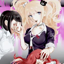 Rule 34 | 3girls, bear hair ornament, black hair, black necktie, black shirt, blonde hair, blood, bow, bra, breasts, choker, cleavage, closed eyes, collarbone, danganronpa, danganronpa/zero, danganronpa: trigger happy havoc, danganronpa (series), ears, enoshima junko, face grab, fictional persona, fingernails, freckles, grabbing another&#039;s head, gradient background, grey background, hair ornament, hand on another&#039;s head, ikusaba mukuro, looking at viewer, lying on lap, lying on person, medium breasts, multicolored necktie, multiple girls, nail polish, necktie, nose, open mouth, otonashi ryouko, pink background, pink blood, red bow, red hair, red lips, red nails, shirt, siblings, simple background, sisters, teeth, twins, underwear, upper body, white necktie, white shirt