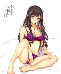 Rule 34 | 1girl, barefoot, bed sheet, black hair, blush, bra, breasts, character name, collarbone, fang, kantai collection, large breasts, long hair, looking at viewer, multicolored hair, naganami (kancolle), navel, panties, pink hair, purple bra, purple panties, rizzl, sidelocks, signature, simple background, sitting, skin fang, smile, solo, stomach, thighs, two-tone hair, underwear, wavy hair, white background, yellow eyes