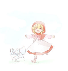 Rule 34 | 1girl, :d, ^ ^, akazukin chacha, animal, apron, blonde hair, blue sky, blush, boots, bow, brown footwear, chacha (akazukin chacha), cloak, closed eyes, cloud, day, closed eyes, hair ornament, hair tie, happy, jpeg artifacts, long sleeves, low twintails, namori, open hands, open mouth, outdoors, outstretched arms, red bow, riiya (akazukin chacha), running, short hair, short twintails, sky, smile, twintails, wolf, |d