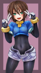 Rule 34 | 1girl, :d, aile (mega man zx), belt, blush, bodysuit, border, brown hair, capcom, covered navel, double v, green eyes, highres, looking at viewer, navel, open mouth, mega man (series), mega man zx, short hair, skin tight, smile, solo, taishi (artist), taishi (picchiridou), v