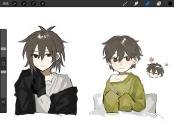 Rule 34 | 2boys, art program in frame, black jacket, brown eyes, brown hair, chinese commentary, closed eyes, closed mouth, commentary request, green shirt, hair between eyes, highres, isoi haruki, jacket, long sleeves, male focus, multiple boys, off shoulder, open clothes, open jacket, procreate (medium), procreate (software), red eyes, saibou shinkyoku, sanzhuangdaoju, shirt, short hair, simple background, sleeves past fingers, sleeves past wrists, smile, white background, white shirt