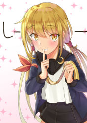 Rule 34 | 1girl, armband, black sailor collar, blonde hair, blue jacket, cowboy shot, crescent, crescent pin, finger to mouth, jacket, kantai collection, long hair, mayura (lucadia), neckerchief, unworn neckerchief, sailor collar, satsuki (kancolle), satsuki kai ni (kancolle), solo, sparkle background, twintails, white background, yellow eyes, yellow neckerchief