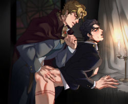 Rule 34 | 2boys, anal, ascot, asphyxiation, black hair, blonde hair, bottomless, candelabra, candlestand, cape, choking on object, clothed sex, cross, cross necklace, dio brando, doggystyle, jewelry, jojo no kimyou na bouken, kuujou joutarou, less end, male focus, male penetrated, multiple boys, necklace, necklace pull, no headwear, phantom blood, priest, ring, sex, sex from behind, stained glass, victorian, wedding band, yaoi