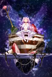 Rule 34 | 10s, 1girl, between legs, bow, breasts, cake, canzhajiang, choker, cleavage, cleavage cutout, closed eyes, clothing cutout, dress, food, fruit, hand between legs, kaname madoka, long hair, magical girl, mahou shoujo madoka magica, mahou shoujo madoka magica (anime), open mouth, pink hair, plate, sitting, sky, small breasts, solo, star (sky), starry sky, strawberry, twintails, two side up, ultimate madoka, very long hair, white dress, white legwear, wings
