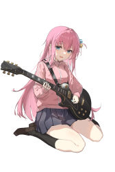 Rule 34 | 1girl, absurdres, black socks, blue skirt, blush, bocchi the rock!, breasts, brown footwear, chenmu sora, cube hair ornament, full body, gotoh hitori, green eyes, guitar, hair ornament, highres, holding, holding instrument, holding plectrum, instrument, jacket, kneeling, loafers, long hair, long sleeves, looking at viewer, nervous smile, open mouth, pink hair, pink jacket, pleated skirt, plectrum, shoes, sidelocks, simple background, sitting, skirt, small breasts, smile, socks, solo, sweat, wariza, white background