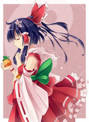 Rule 34 | 1girl, black hair, bow, cherry blossoms, detached sleeves, closed eyes, female focus, flower, food, fruit, hair bow, hair flower, hair ornament, hair ribbon, hakurei reimu, japanese clothes, mikan (bananoha), miko, ribbon, solo, touhou