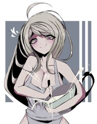 Rule 34 | 1girl, ahoge, akamatsu kaede, apron, batter, blonde hair, blush, breasts, cleavage, closed mouth, collarbone, danganronpa (series), danganronpa v3: killing harmony, eyebrows, eyelashes, female focus, grey background, highres, killucky0, large breasts, long hair, looking at viewer, looking down, mixer (cooking), mixing, mixing bowl, multicolored background, pink eyes, shiny skin, simple background, smile, solo, white background