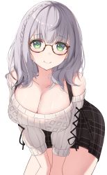 Rule 34 | 1girl, absurdres, black skirt, blush, braid, breasts, cleavage, closed mouth, commentary, cowboy shot, green eyes, highres, hololive, large breasts, leaning forward, looking at viewer, nyuu (pixiv12143565), plaid, plaid skirt, shirogane noel, shirogane noel (casual), short hair, silver hair, simple background, skirt, sleeves past elbows, smile, solo, virtual youtuber, white background