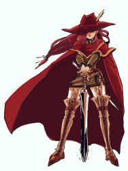 Rule 34 | 1girl, belt, boots, cape, closed mouth, faris scherwiz, final fantasy, final fantasy v, green eyes, hair over one eye, holding, holding sword, holding weapon, leather, long hair, looking at viewer, low-tied long hair, ponytail, purple hair, red cape, red headwear, red mage (final fantasy), saitou piyoko, simple background, smile, solo, square enix, sword, weapon, white background, wind, wind lift