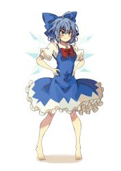 Rule 34 | 1girl, absurdres, ahoge, barefoot, blue bow, blue dress, blue eyes, blue hair, blush, bow, cirno, closed mouth, collared shirt, detached wings, dress, fairy, full body, hair between eyes, hair bow, highres, ice, ice wings, pinafore dress, puffy short sleeves, puffy sleeves, seika okawari, shirt, short hair, short sleeves, simple background, sleeveless, sleeveless dress, smile, solo, touhou, white background, white shirt, wings