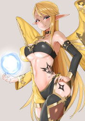 Rule 34 | 1girl, asymmetrical clothes, player character (mabinogi), bad id, bad pixiv id, black eyes, blonde hair, breasts, collar, detached sleeves, era (erasion), hand on own hip, heterochromia, highres, hip vent, large breasts, long hair, long sleeves, looking at viewer, mabinogi, magic, navel, original, revealing clothes, simple background, single bare shoulder, single detached sleeve, solo, spiked collar, spikes, stomach, swept bangs, tattoo, very long hair, yellow eyes, yellow wings