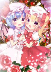 Rule 34 | 2girls, :d, ascot, bat wings, blonde hair, blue hair, blush, bow, bowtie, brooch, commentary request, crystal, fang, flandre scarlet, flower, hair between eyes, hair bow, hat, holding hands, interlocked fingers, jewelry, long hair, looking at viewer, looking to the side, mob cap, multiple girls, open mouth, pink hat, pink wings, puffy short sleeves, puffy sleeves, purple eyes, red bow, red flower, red neckwear, red rose, red skirt, red vest, remilia scarlet, rikatan, rose, shirt, short sleeves, siblings, side ponytail, sisters, skirt, skirt set, smile, touhou, vest, white hat, white shirt, white skirt, wings, wrist cuffs