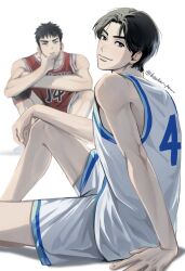 Rule 34 | 1boy, aged down, basketball jersey, basketball uniform, beaker pour, black eyes, black hair, closed mouth, feet out of frame, hand on own face, highres, knee pads, looking at another, looking at viewer, looking back, male focus, mitsui hisashi, multiple views, on floor, red shorts, red tank top, short hair, shorts, simple background, single knee pad, sitting, slam dunk (series), smile, sportswear, squatting, tank top, time paradox, toned, toned male, white background, white shorts, white tank top