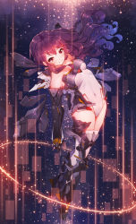 Rule 34 | 1girl, bare shoulders, boots, breasts, circle, closed mouth, covered navel, fangxiang cuoluan, full body, gloves, groin, highres, leotard, light particles, long hair, looking at viewer, mecha musume, mechanical wings, medium breasts, original, purple hair, red hair, smile, solo, thigh boots, thighhighs, underboob, wings
