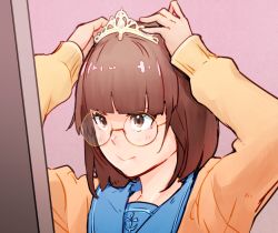Rule 34 | 1girl, arms up, blue sailor collar, blush, brown eyes, brown hair, closed mouth, commentary request, glasses, long sleeves, mirror, original, pink background, round eyewear, sailor collar, short hair, simple background, solo, sweat, tiara, tomamatto, upper body, yellow-framed eyewear
