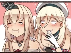 Rule 34 | 2girls, = =, beret, blonde hair, braid, commentary request, crown, dress, flower, french braid, giggling, gloves, hair between eyes, hat, ido (teketeke), jewelry, kantai collection, long hair, mini crown, mole, mole under eye, mole under mouth, multicolored clothes, multicolored gloves, multiple girls, necklace, off-shoulder dress, off shoulder, pom pom (clothes), pout, red flower, red rose, richelieu (kancolle), rose, smug, strapless, strapless dress, tears, trembling, warspite (kancolle), white dress, white gloves