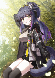 Rule 34 | 1girl, ammunition belt, ammunition pouch, animal ears, arknights, arm behind head, artist name, belt, black choker, black jacket, black shorts, black thighhighs, blunt bangs, blush, breasts, bush, cat ears, cat girl, cat tail, choker, commentary request, day, from side, green eyes, grey shirt, gun, hair flaps, hair ornament, hair ribbon, hands up, head tilt, headset, holding, holding own hair, holding own tail, holstered, hood, hood down, hooded jacket, jacket, jessica (arknights), jessica the liberated (arknights), large breasts, legs together, long hair, long sleeves, looking at viewer, multicolored hair, on tree, open clothes, open jacket, open mouth, outdoors, parted bangs, parted lips, ponytail, pouch, purple hair, ribbon, shironekoban, shirt, short shorts, shorts, sidelocks, sitting, sky, solo, straight hair, streaked hair, tail, thighhighs, tree, twitter username, vegetation, weapon