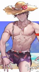 Rule 34 | 1boy, abs, alternate costume, armband, bad id, bad twitter id, bare pectorals, black male swimwear, black swim trunks, braid, braided ponytail, chase (king&#039;s raid), closed mouth, collarbone, commentary request, drawstring, eloseu (haribochase), expressionless, flower, grey hair, hair between eyes, hair over shoulder, hat, hat flower, hibiscus, highres, jewelry, king&#039;s raid, korean commentary, leaf print, long hair, looking at viewer, male focus, male swimwear, navel, necklace, nipples, pectorals, pendant, print male swimwear, print swim trunks, print swimsuit, purple eyes, red flower, scar, scar on stomach, single braid, sitting, solo, stomach, straw hat, swim trunks, swimsuit, toned, toned male, topless male, wristband