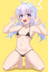 Rule 34 | 1girl, ahoge, bare arms, bare legs, bare shoulders, barefoot, bikini, black bikini, blue archive, blush, breasts, collarbone, double v, gluteal fold, groin, hair ornament, highres, long hair, looking at viewer, micro bikini, multicolored hair, navel, open mouth, purple eyes, reisa (blue archive), simple background, skindentation, small breasts, smile, solo, sonao, star (symbol), star hair ornament, string bikini, swimsuit, v, yellow background