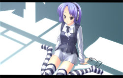 Rule 34 | digital media player, headphones, kiryuu masumi, letterboxed, necktie, original, purple hair, skirt, solo, striped clothes, striped thighhighs, thighhighs