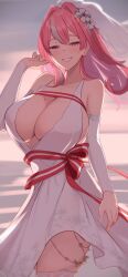 Rule 34 | 1girl, absurdres, azur lane, bare shoulders, blurry, blurry background, blush, breasts, bremerton (azur lane), bremerton (joyride of love) (azur lane), bridal veil, cleavage, dress, earrings, elbow sleeve, flower, garter straps, hair intakes, hayato rikin, highres, jewelry, lace, lace-trimmed legwear, lace-trimmed thighhighs, lace trim, large breasts, long hair, looking at viewer, mole, mole on breast, mole under eye, multicolored hair, pink eyes, pink hair, ribbon, ring, rose, smile, solo, streaked hair, striped ribbon, thighhighs, veil, wedding dress, wedding ring, white flower, white rose, white veil